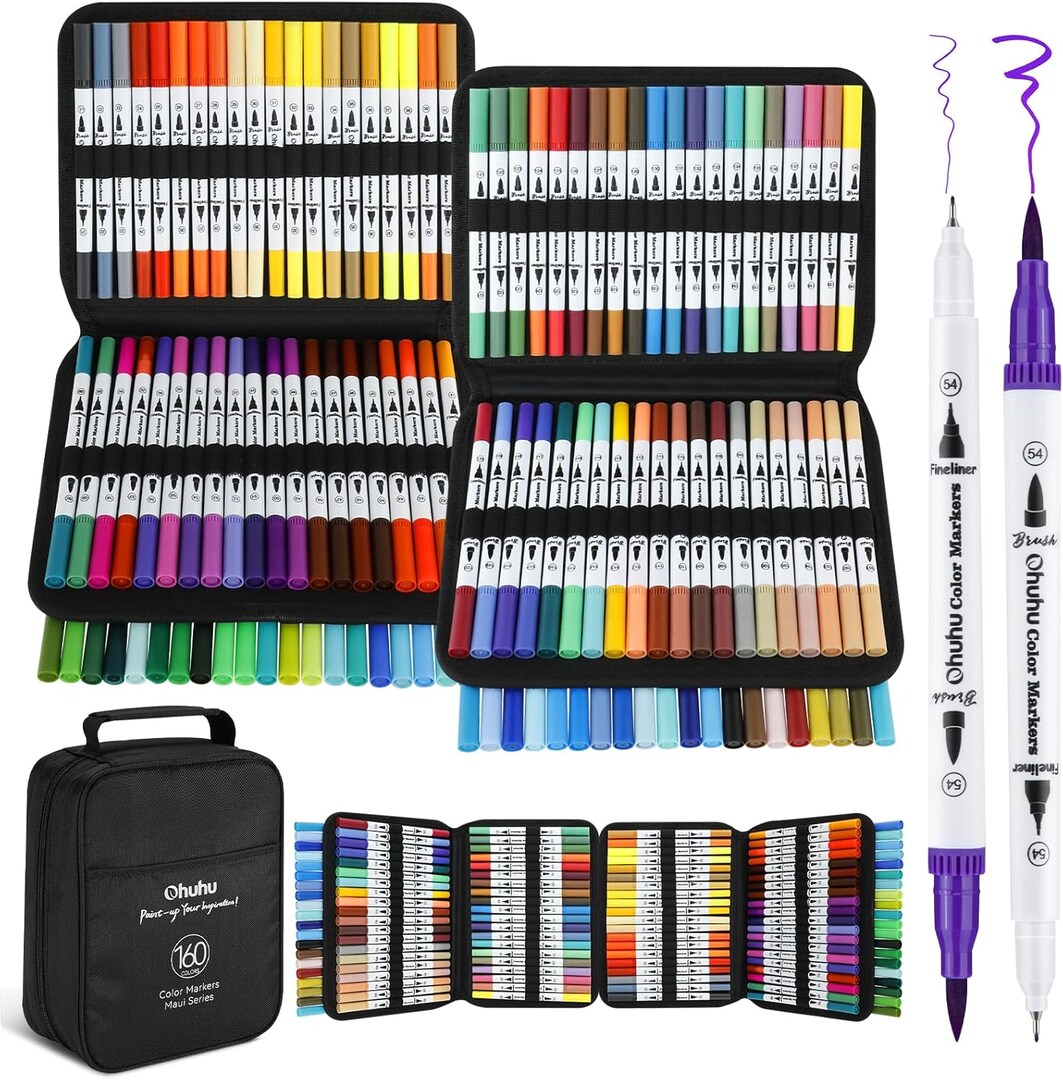 Ohuhu Water Based Markers for Adult Coloring Books: 160 Colors Brush Pens, Dual Tip Brush & Fine Drawing Pens, Coloring Markers for Calligraphy Bullet Journal with Carrying Case -Maui (White Barrel/Black Barrel)